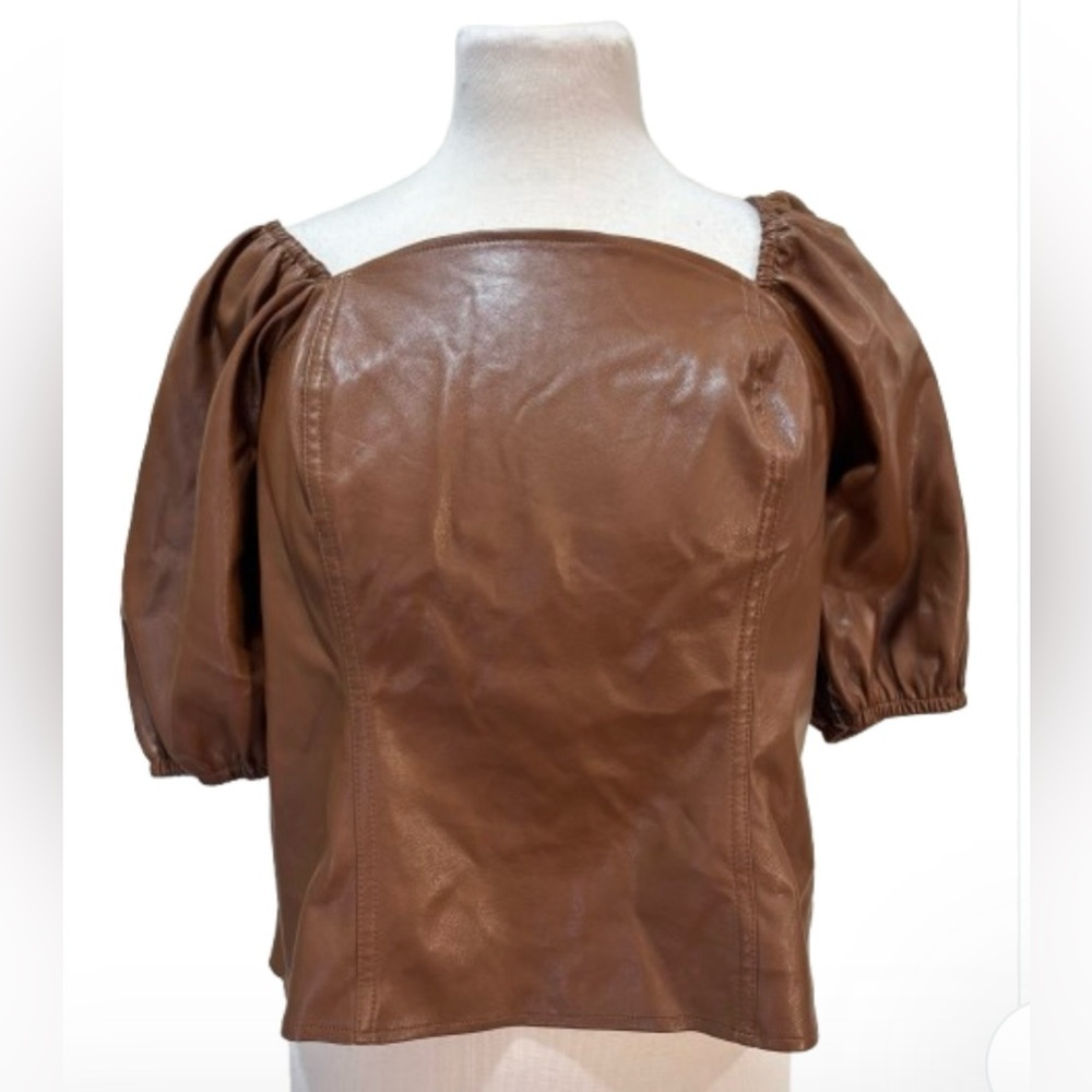 Marc New York Brown Puff Sleeve Faux Leather Top